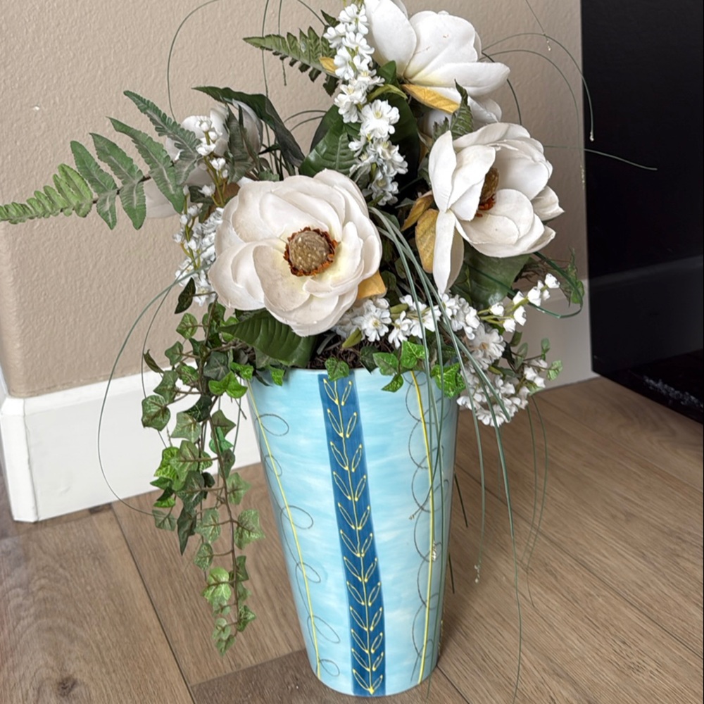 Crate and Barrel Blue Vase with floral arrangement